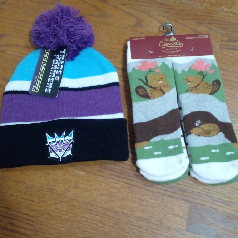 Kids size, Transformers winter hat with pompom, along with 3 pair of warm socks